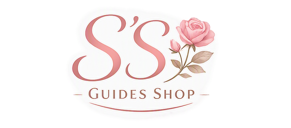 Elegant feminine logo for S’S Guides Shop featuring rose illustration and marble background.